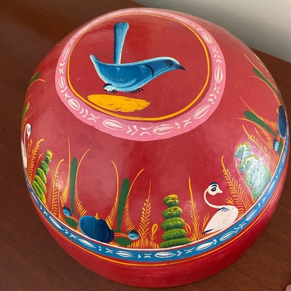 Mexican Red Bowl Multi Color Hand Painted Flowers Swan Bird Folk Art Decor Wood - Picture 7 of 9